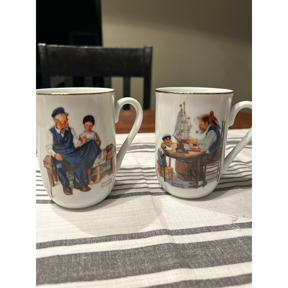 Vintage 1982 Norman Rockwell Museum Porcelain Mugs Set of 2 Gold Rimmed Japan